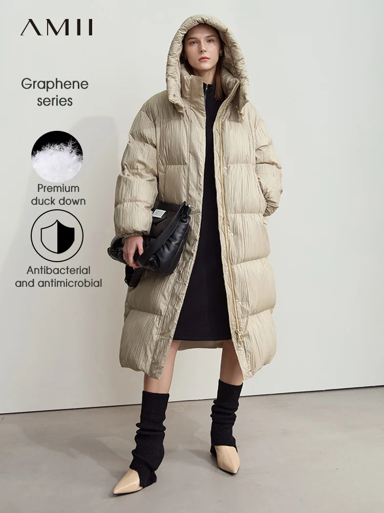 AMII-Chaqueta minimalista con forro de grafeno para mujer, abrigo de viajero con textura plisada, gorro desmontable, invierno 2024 12444071