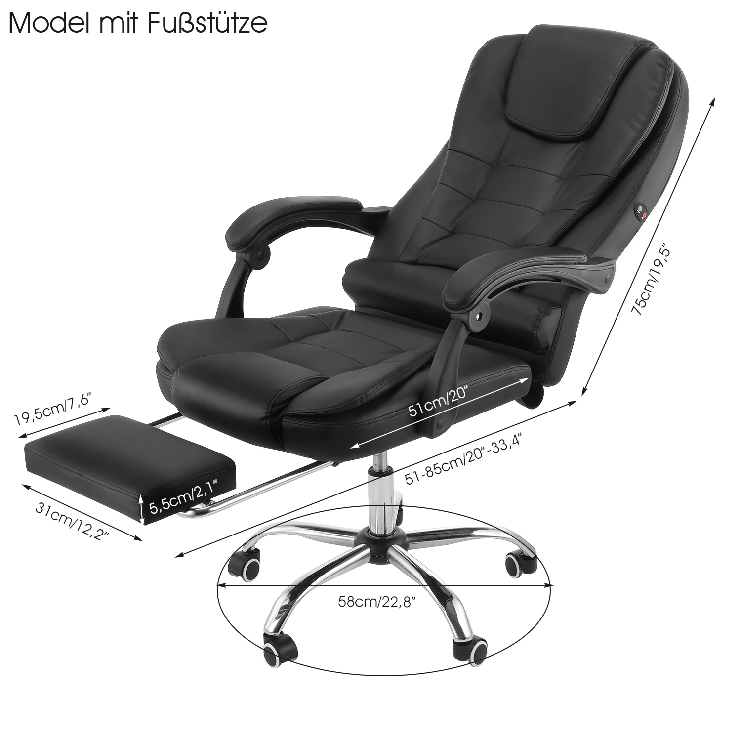 Bürostuhl mit Massagefunktion mit Fußstütze , ergonomisches Design mit großer Sitzpolsterung, Lendenwirbelstütze, Rollen, für reibungslose Mobilität im Büro, Schwarz