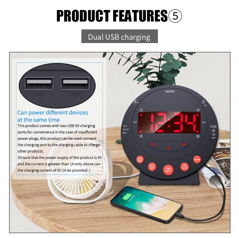 TS-BC600 vibration alarm clock custom alarm snooze time battery USB charging