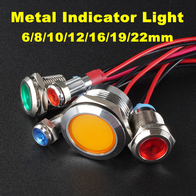 6mm8mm10mm12mm16mm19mm22mm indicador de metal señal LED con cable 3v 5v 12V 24V 220V luz de advertencia, rojo, azul, amarillo, verde