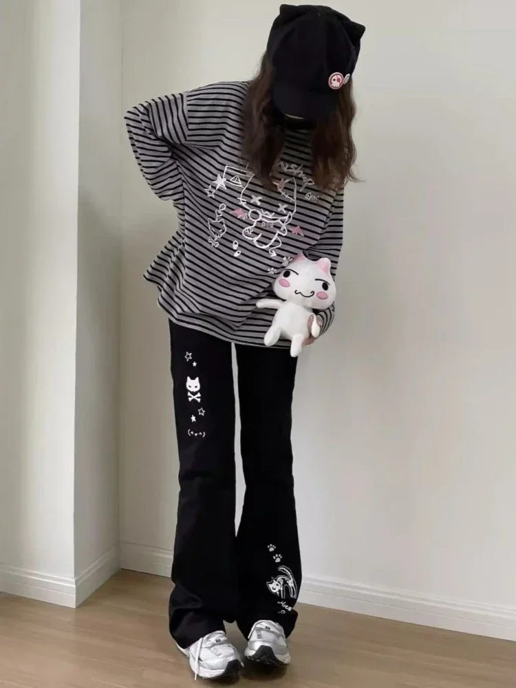 HOUZHOU Y2k 原宿ストライプパッチワークパーカー女性和風グランジゴシック漫画プリントルーズトレーナー 2024 ソフトガール