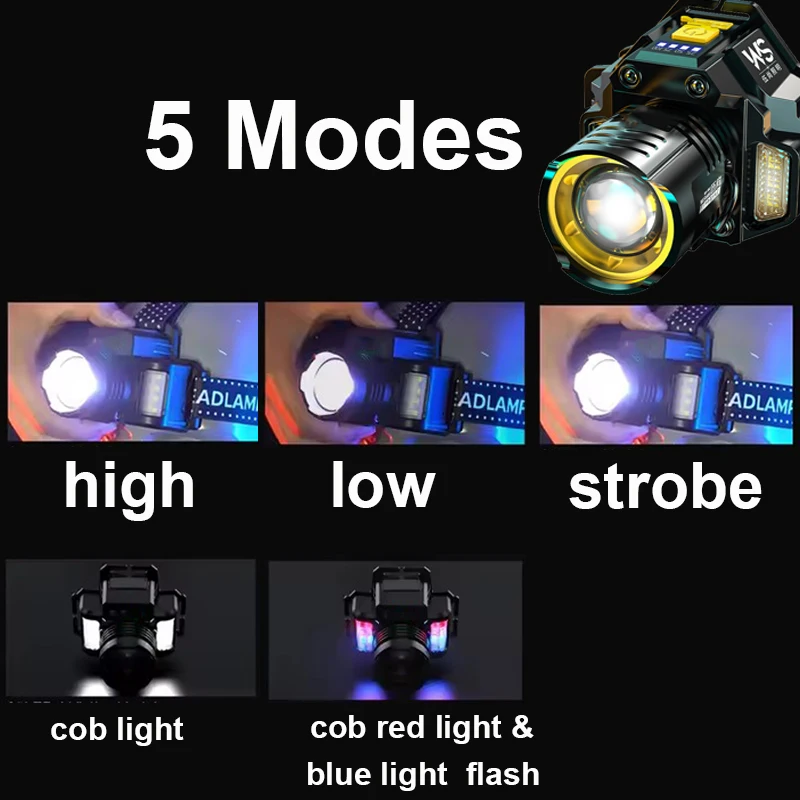 Linterna frontal recargable por USB, lámpara frontal superbrillante con Sensor de movimiento, 5 modos de iluminación, luces frontales con zoom
