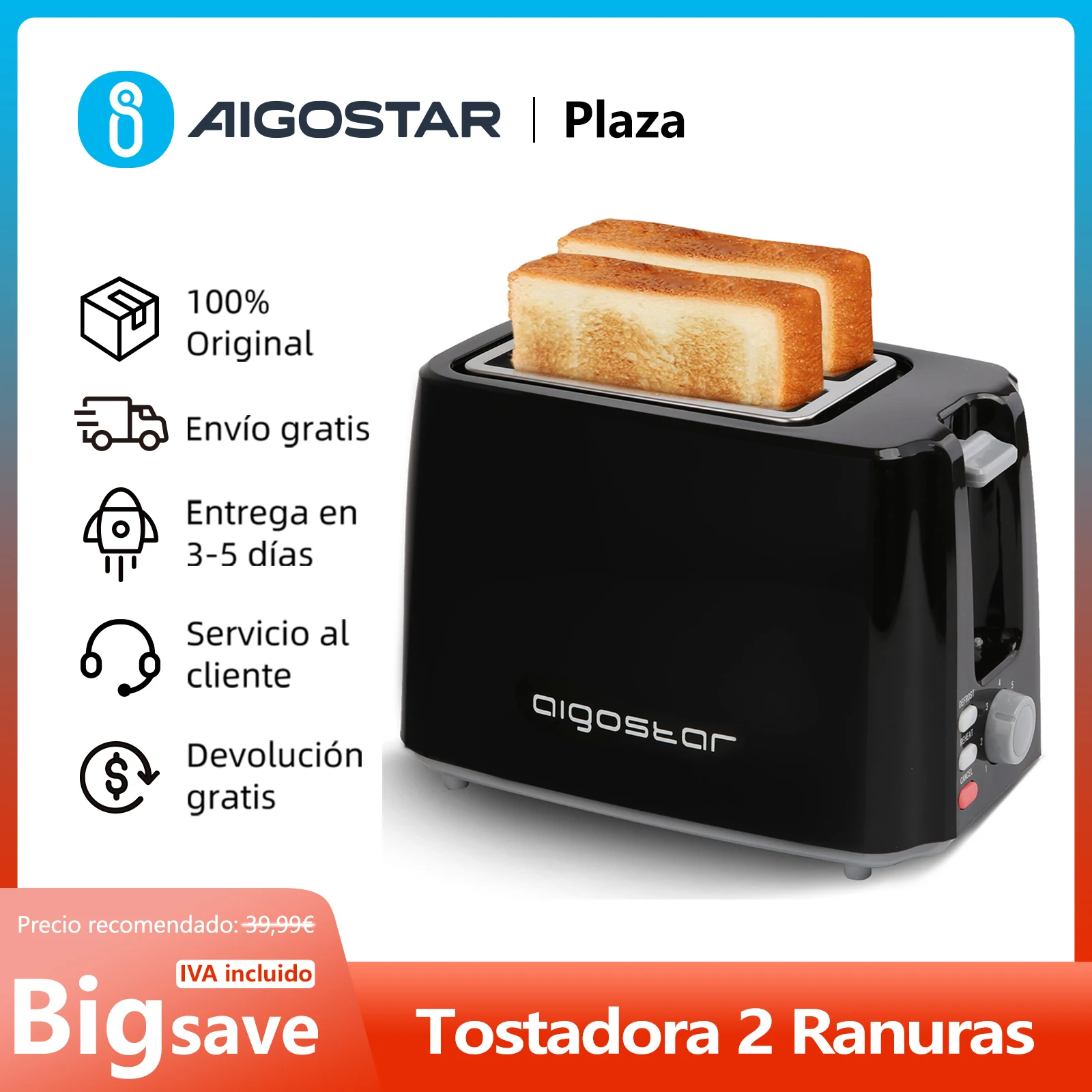Tostadora con 2 Ranuras Cortas Extraanchas, 7 Niveles de Tostado, Función Recalentar, Descongelar y Cancelar, Libre de BPA, Diseño exclusivo, Color Negro, 750 W