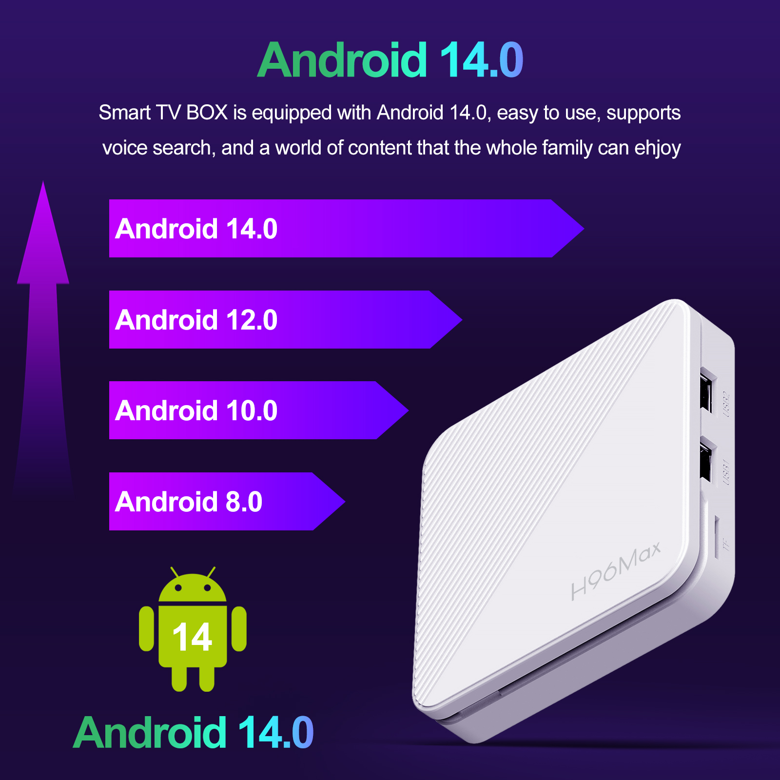 H96 MAX H313 Smart TV Box Android 14 ATV TV Box 4K @ 60fps 100M/LAN Wifi6 BT5.0 asistente de voz de Google reproductor multimedia decodificador