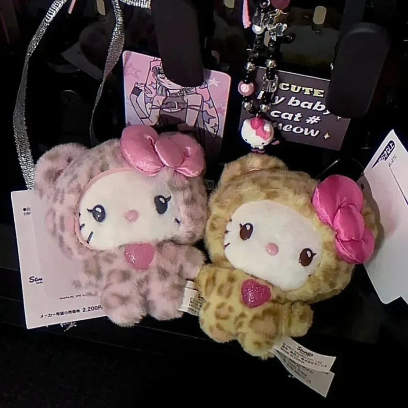 MINISO Hello Kitty Kawaii Cat Keychain Cute Plush Doll Bag Charm with Bow Leopard Print Zipper Pull Gift for Girls Stuffed Toys