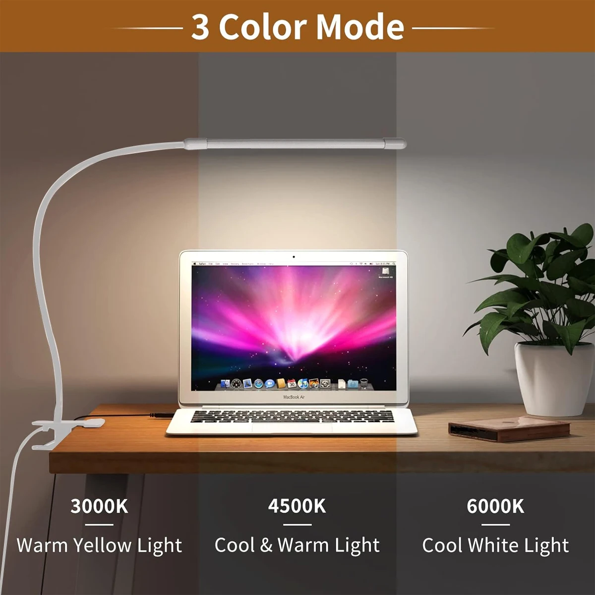 10 W LED-Schreibtischlampe mit Klemme, dimmbar, zum Anklipsen, Leselicht, 10 Helligkeitsstufen, 3 Beleuchtungsmodi, flexible Arbeitstischlampe, USB