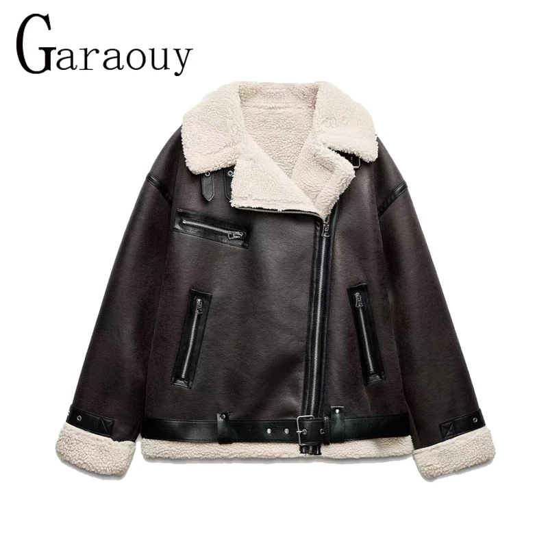 Chaqueta gruesa y cálida de piel sintética de doble cara para mujer, abrigo de piel de oveja con solapa de manga larga, ropa de abrigo de cuero con cremallera para mujer, Otoño e Invierno