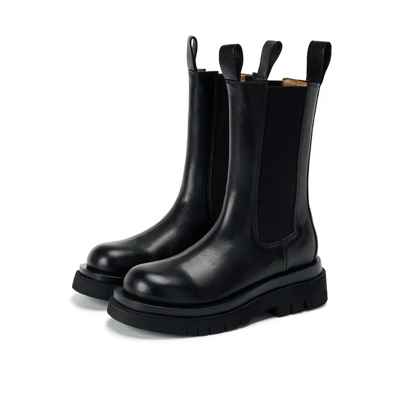 Clássico chelsea botas femininas botas de tornozelo preto outono inverno sapatos plataforma de couro genuíno botas curtas deslizamento na faixa elástica