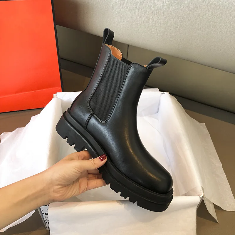 Clássico chelsea botas femininas botas de tornozelo preto outono inverno sapatos plataforma de couro genuíno botas curtas deslizamento na faixa elástica