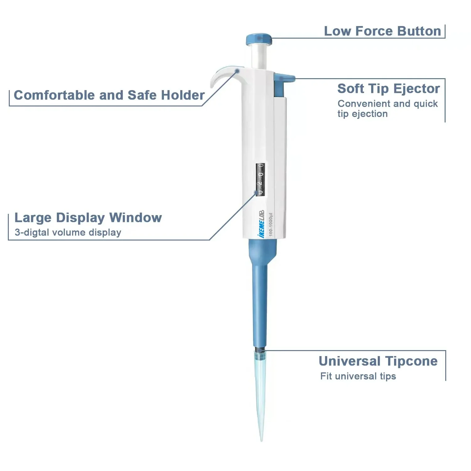 Pipeta de laboratorio IKEME, micropipeta Digital de un solo canal de 100-1000ul, equipo de laboratorio de pipeta de plástico ajustable con punta de pipeta