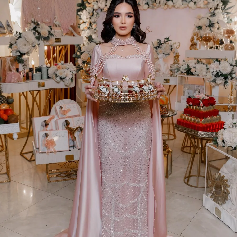 Bella personalizado champanhe frisado com um xale robes de soirée sem alças cetim pérolas vestidos de festa até o chão vestido de baile 2025