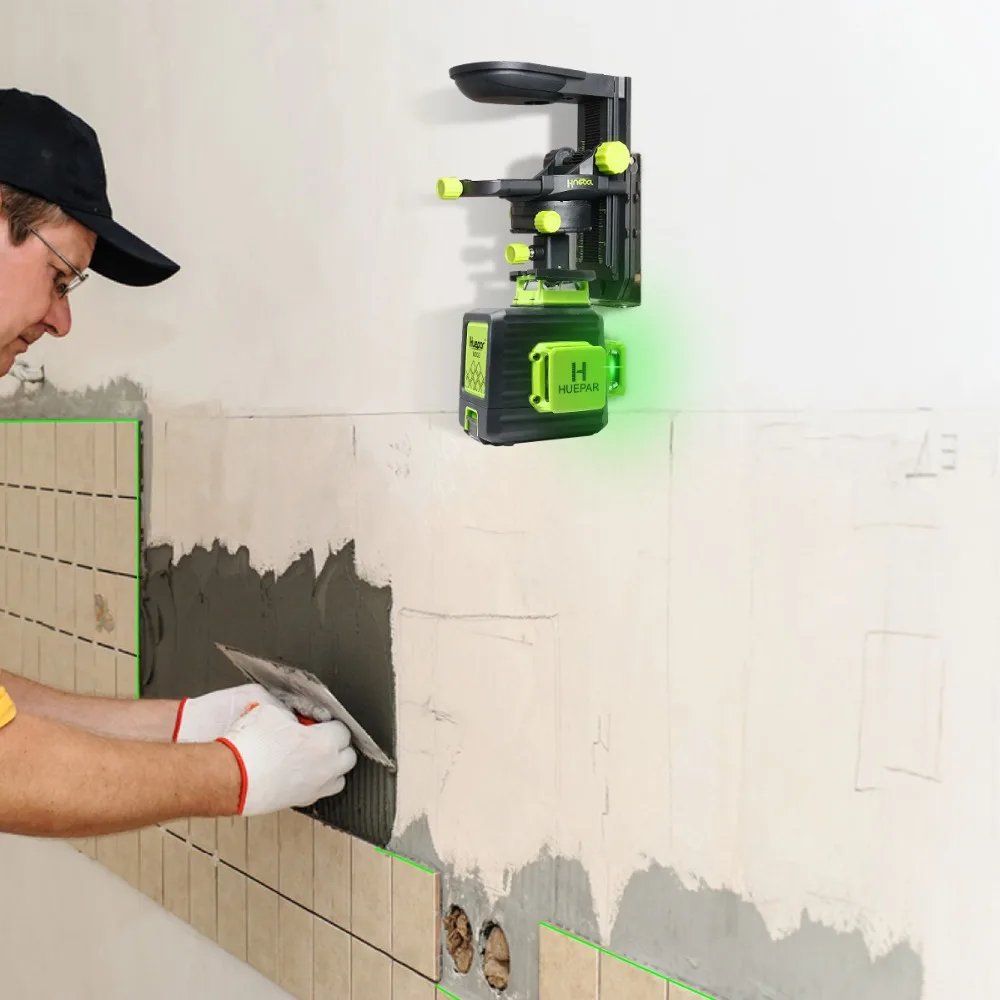 Huepar 3D Cross Line Self-leveling Laser Level 12 lines Green Beam Li-ion Battery with Type-C Charging Port & Hard Carry Case