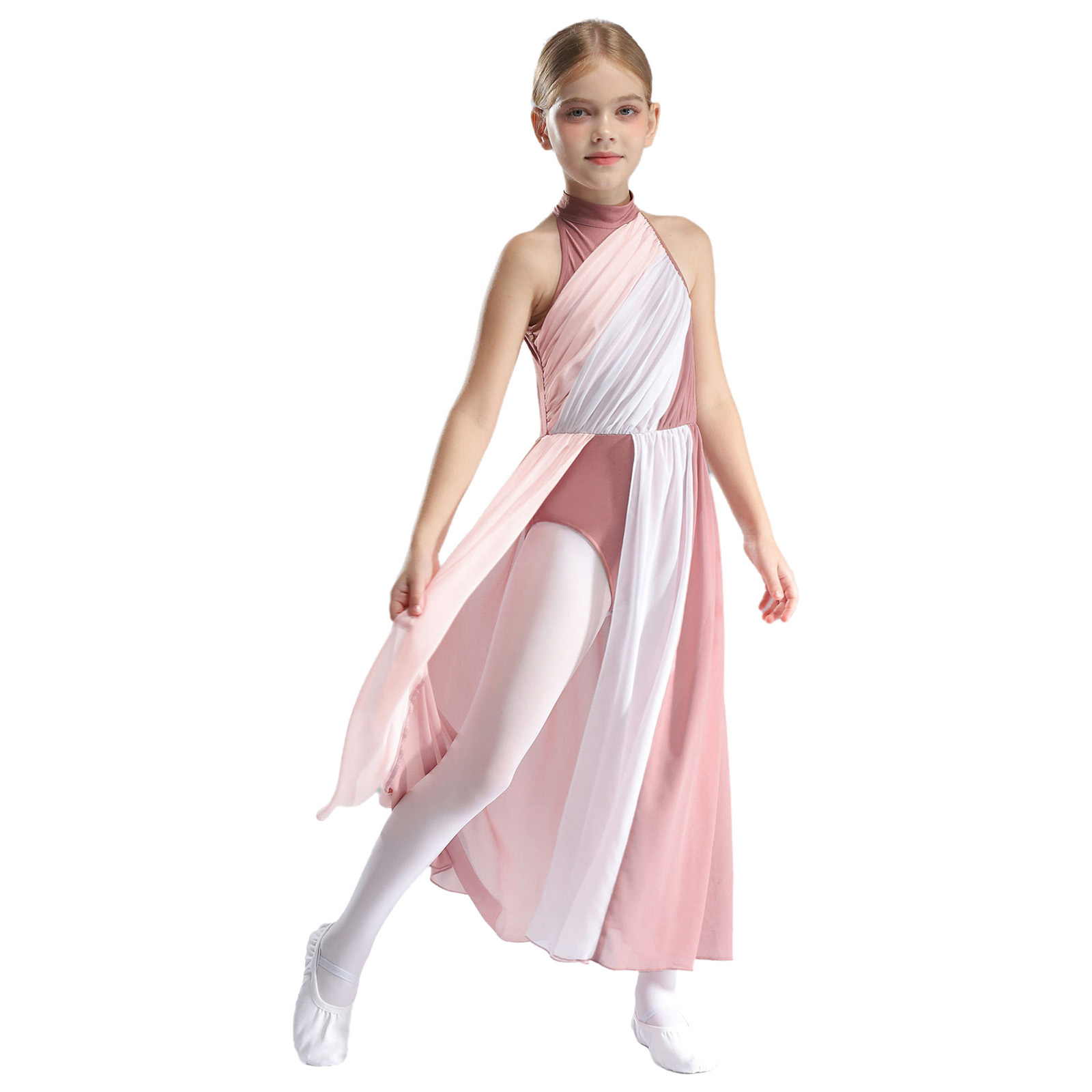 Kinder Mädchen Modern Dance Kleid Ärmellos Split Maxi Rock Trikot Kleid Ballett Lyrical Contemporary Performance Dancewear