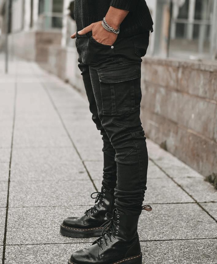 Männer Jeans Bleistift Hosen Cargo Denim Solide Knöchel Länge Waschen Taschen Mittlere Taille Mantel Schlank Leichte Strech High Street 2024