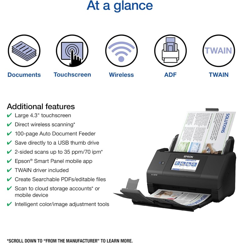 Workforce ES-580W Wireless Color Duplex Desktop Document Scanner for PC and with 100-sheet Auto Document Feeder
