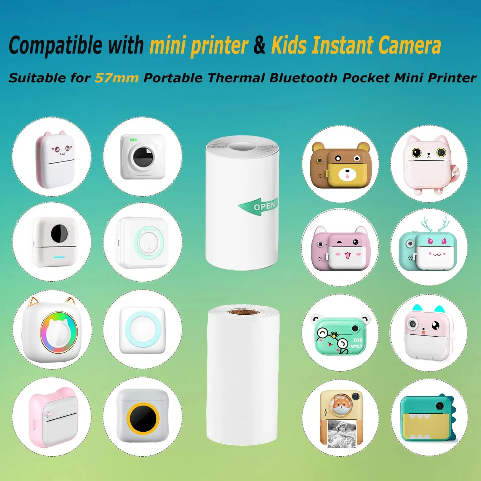 10 rouleaux de papier d'imprimante thermique 2.2 pouces x 19 pieds, pour Mini imprimante de poche, couleurs blanches, rouleaux de papier collant pour reçus, papiers POS
