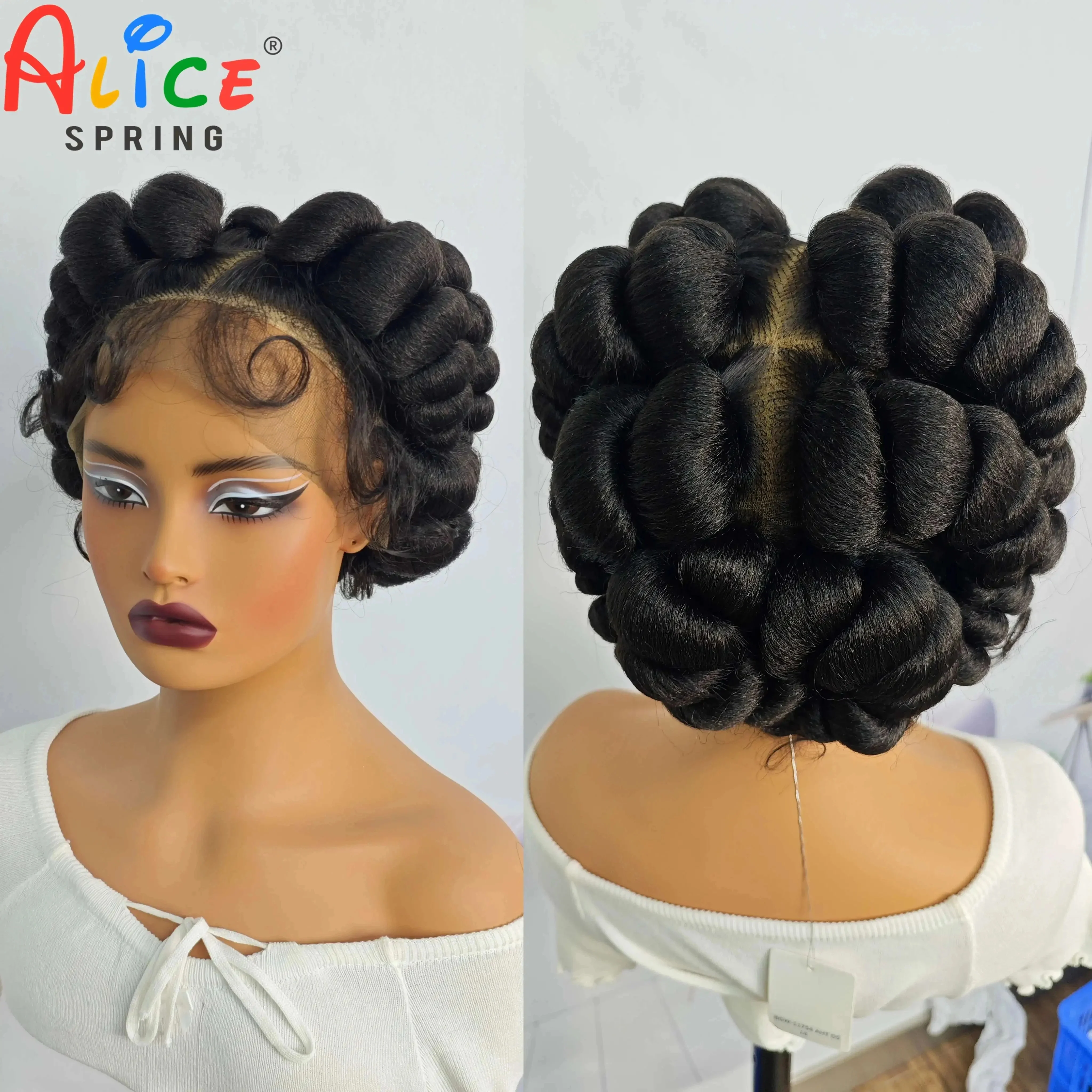 Cor natural 6 Polegada transparente cheio de renda trançada perucas curto bonito artesanal bantu sintético trançado perucas de renda sem nós tranças peruca