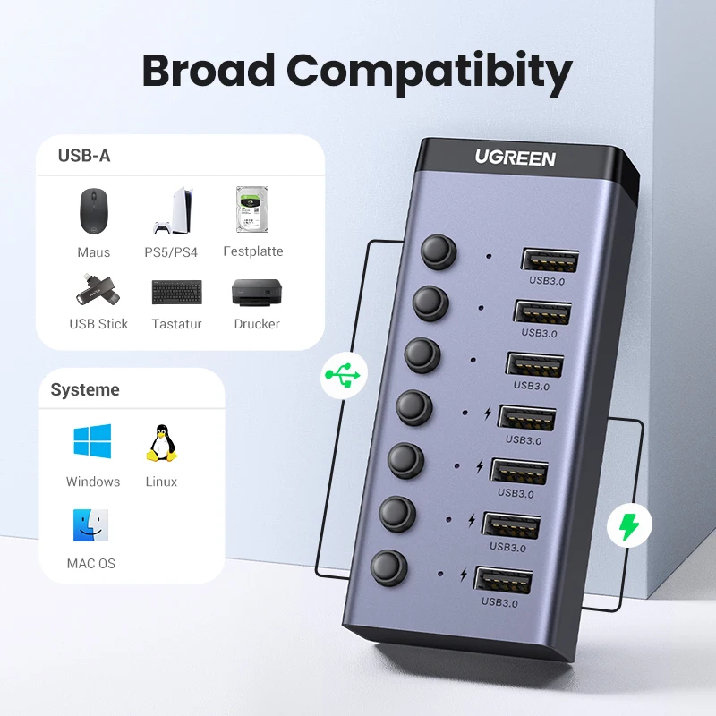 UGREEN USB-концентратор, 7 портов, USB3.0, разветвитель, 5 Гбит/с, с индивидуальным переключателем, адаптер питания для ПК, ноутбука, USB-порты, удлинитель, док-станция USB-C