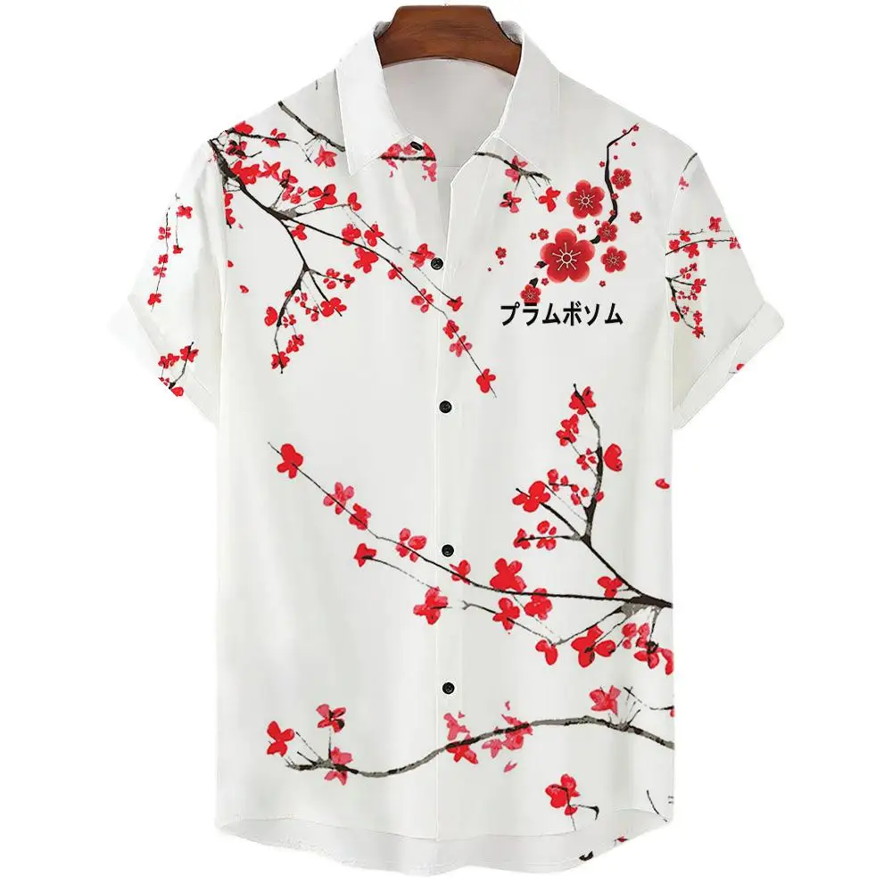 Camisa Social de lujo a la moda para hombre, camisa con botones y solapa, Tops informales de manga corta con estampado de flor de cerezo estética japonesa
