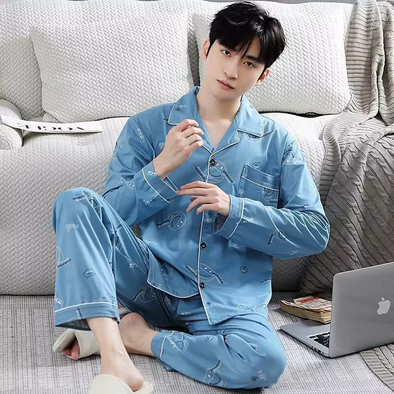 Outono 100% algodão pijamas masculinos confortáveis de manga comprida plus size casa wear terno adolescentes lazer ao ar livre pode ser usado fora