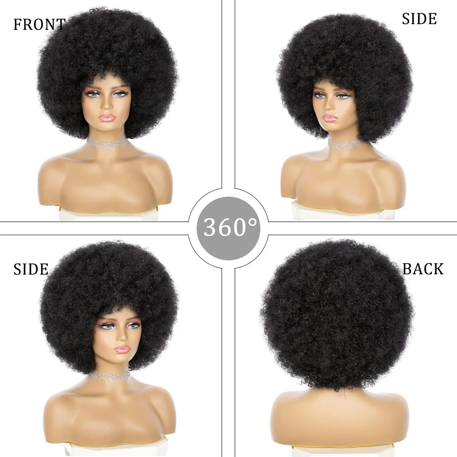 สั้นสังเคราะห์Afro Kinky Curlyวิกผมผู้หญิงBangsธรรมชาติ,Fluffy Bouncy Afroพัฟวิกผมสําหรับทุกวันคอสเพลย์ปาร์ตี้