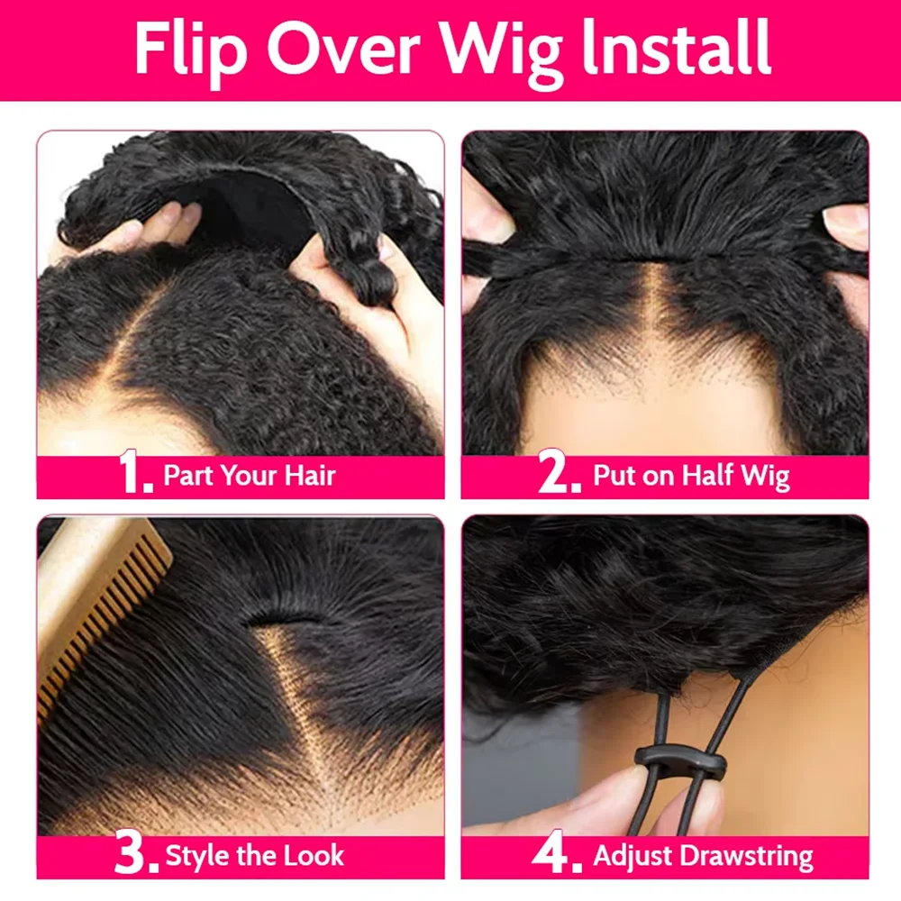Mezza parrucca Parrucche per capelli umani 200% Mezza parrucca Parrucche per capelli umani ricci crespi 3 in 1 Attaccatura invisibile Indossare con coulisse Senza soluzione di continuità