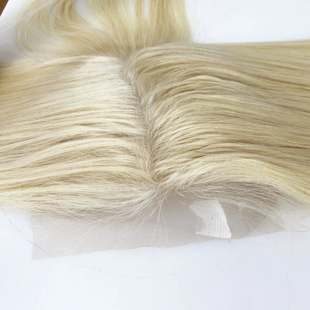 Cierre de encaje superior de seda # Cierre de encaje de cabello humano con Base de piel de silicona rubia 613 con Clip de pelo de bebé en extensiones de cabello Remy Topper