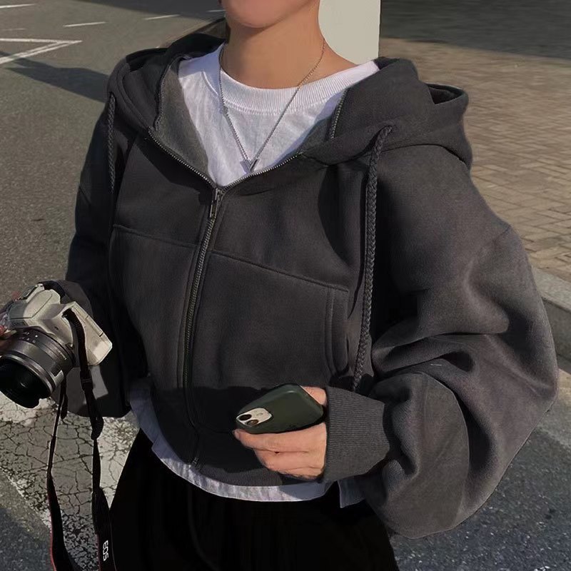 2025 Spring Autumn New Insfleece-lined Versatile Cropped Slims Smooths Silhouette Zip-up Warm Navy Blue Hooded Sweatshirt Women