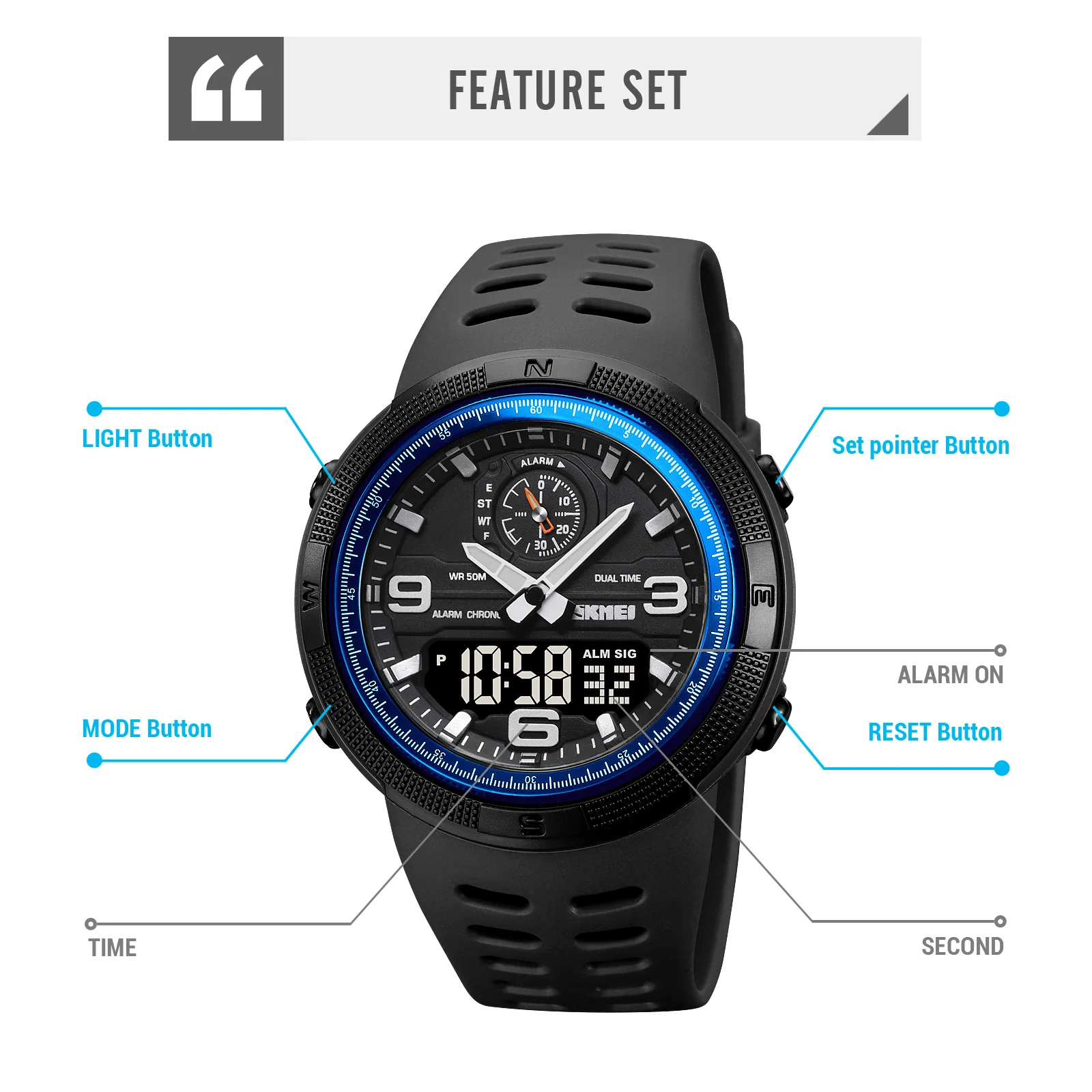 SKMEI 1655 Reloj electrónico para deportes al aire libre para hombres Pantalla dual Reloj de exploración para estudiantes multifuncional resistente al agua