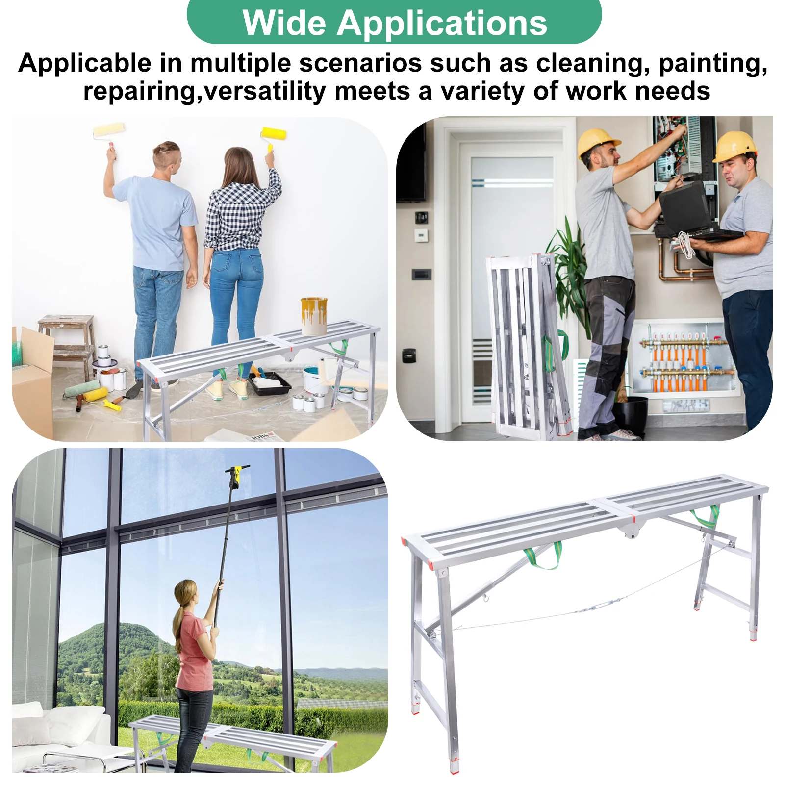 Scaffolding Ladder Heavy Duty Scaffold Ladder with Handle Height Adjustable, Multi-Functional Workbench, 400kg Load Capacity