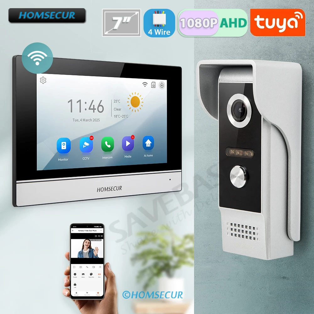 HOMSECUR 4-draads Tuya Smart APP HD Video Huisdeurtelefoon Kit met 7 "Touchscreen Monitor IP65 Deurbel Camera Opnemen Snapshot