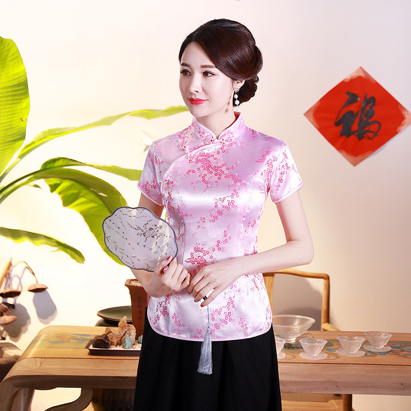 Chinesischen Stil Top Vintage Jacquard Tang Kleidung Dame Elegante Tops Phoenix Drachen Bluse Kurzarm Satin Hanfu Qipao Jacke