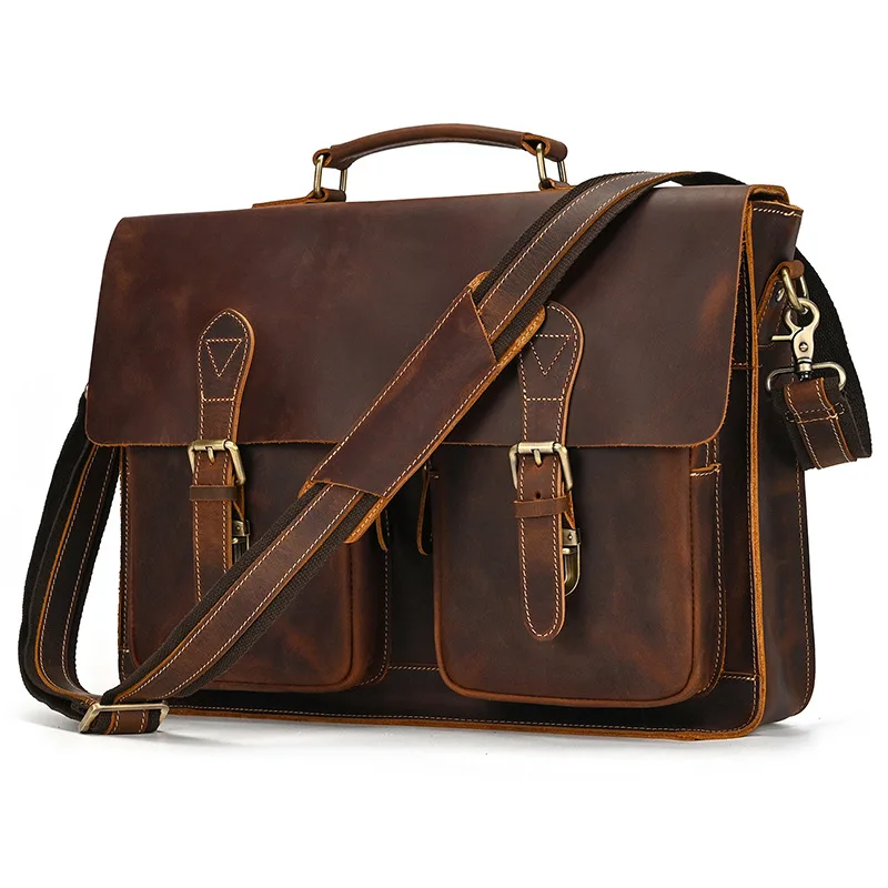 Borsa da uomo in pelle retrò Borsa per computer orizzontale in pelle Crazy Horse Borsa a tracolla casual da uomo in pelle con strato superiore