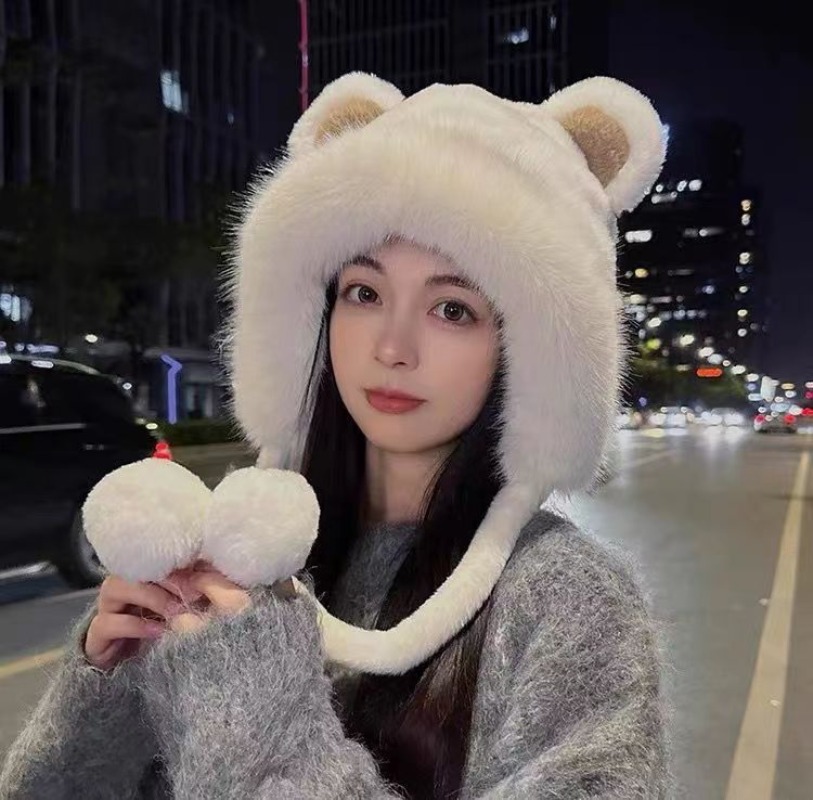 Gorro de felpa de oso para ciclismo al aire libre, gorro grueso y cálido de lana informal, protección para los oídos, esencial para mujer, Invierno