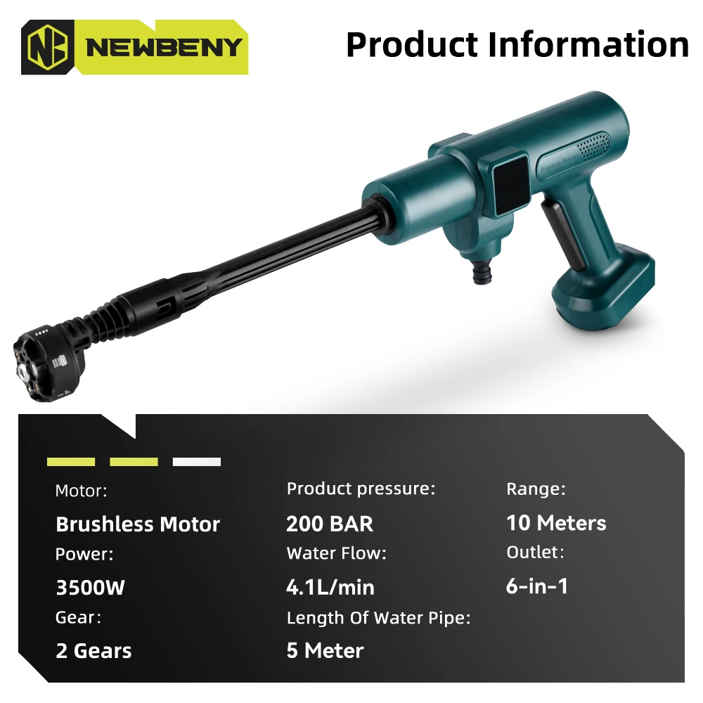 NEWBENY-pistola lavadora de coche de alta presión sin escobillas, 200bar, 6 en 1, pistola pulverizadora de agua para lavado de jardín eléctrico, Pin de batería Makita