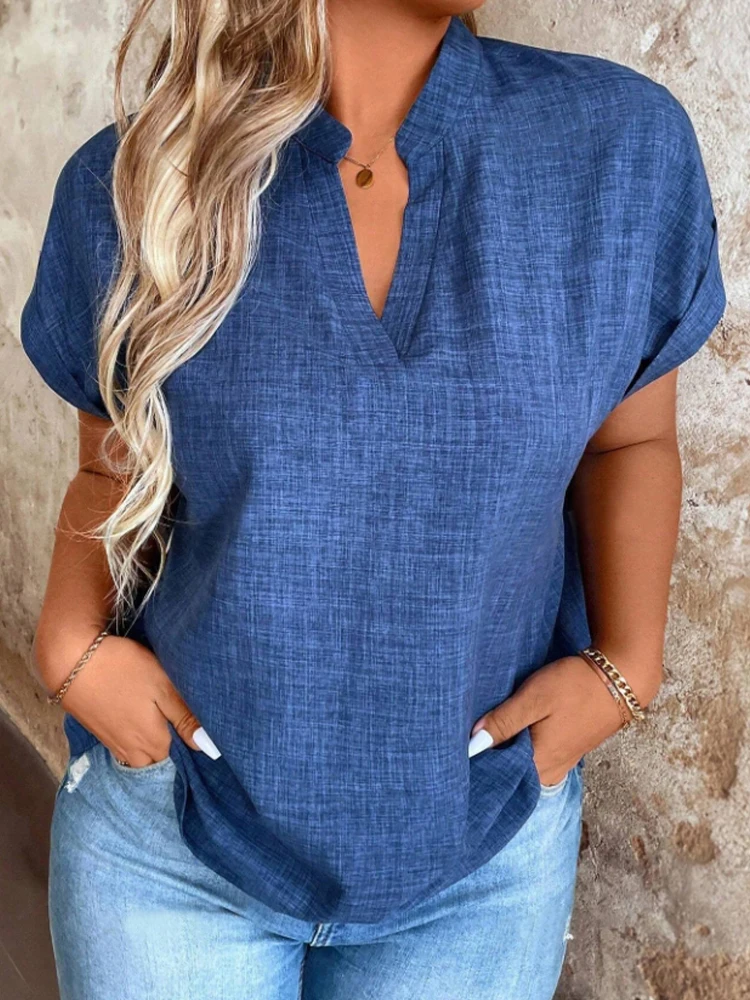 Top feminino elegante e mais recente de primavera e verão com decote em V entalhado e mangas morcego