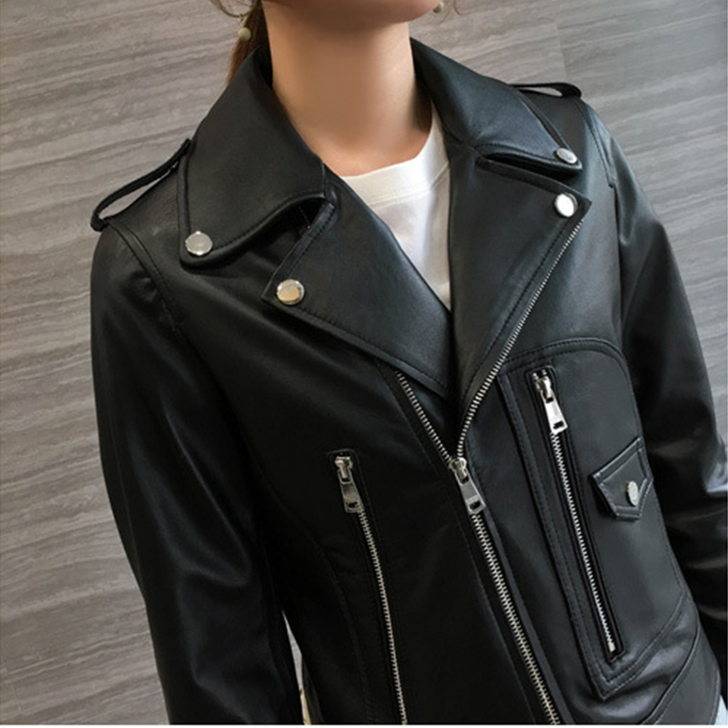 Women's Moto Biker Zipper Jacket 2023 Spring and Autumn Street Suit Lapel Real Leather Sheepskin Zipper Cuffs Slim Short Coats