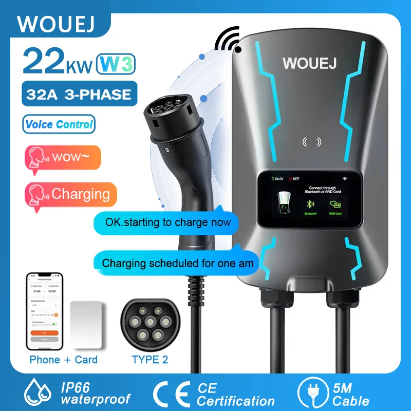 Estación de carga WOUEJ EV W3 tipo 2 7KW 6-32A cargador de vehículo eléctrico monofásico Wallbox aplicación Control de voz tarjeta RFID pantalla LCD