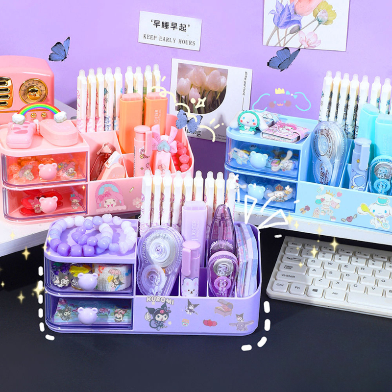 Cute Pen Holder Storage Box Organizer Drawer-type Desktop Stationery Storage Box Kawaii Sanrio Kuromi Pen Storage Holder Stand
