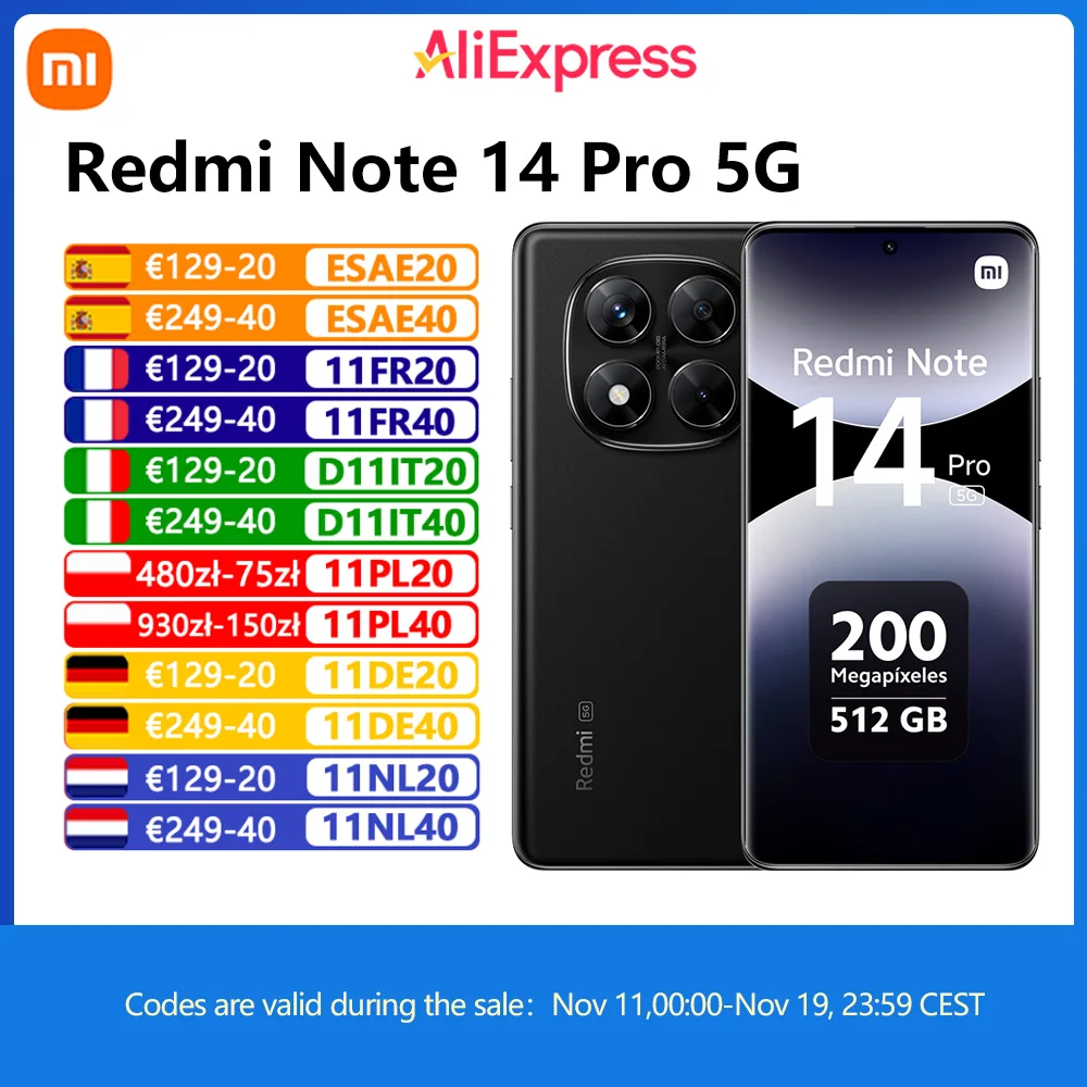 Xiaomi Redmi Note 14 Pro 5G NFC,MediaTek Dimensity 7300-Ultra, fotocamera da 200mp, batteria da 5110mAh, ricarica da 45W, display da 120Hz,Caricabatterie non incluso
