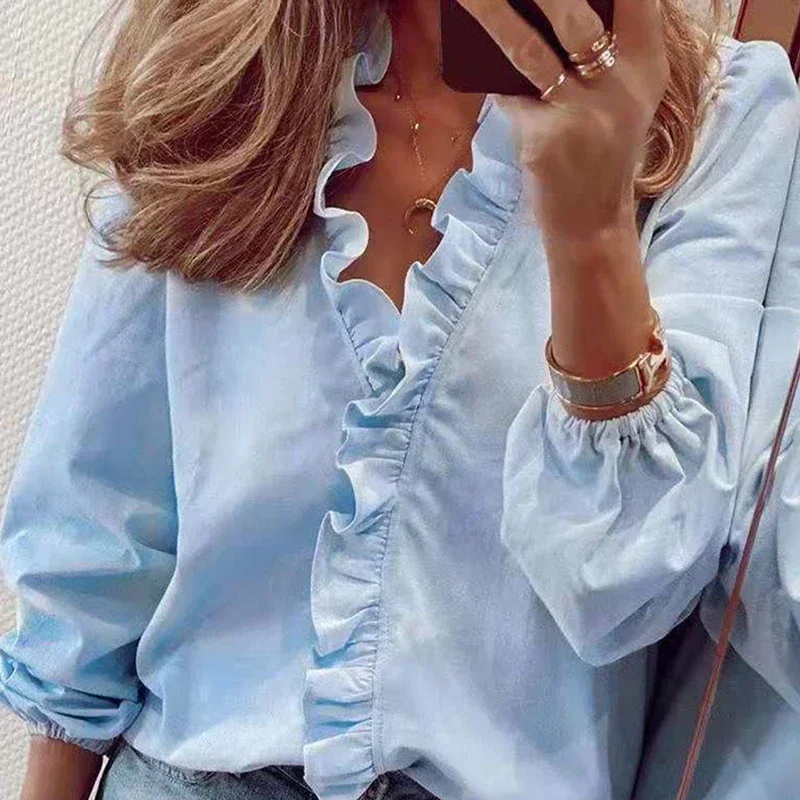 Blusa Vintage de manga larga con volantes para mujer, Tops informales de algodón con cuello en V, ropa de oficina, Otoño, 2024