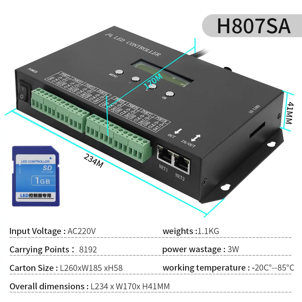 H807SA H807SBWifi 8/4 Ports DMX/Artnet to SPI LED Pixel Controller With SD Card For WS2811 WS2812 WS2812b WS2815 Led Strip Light