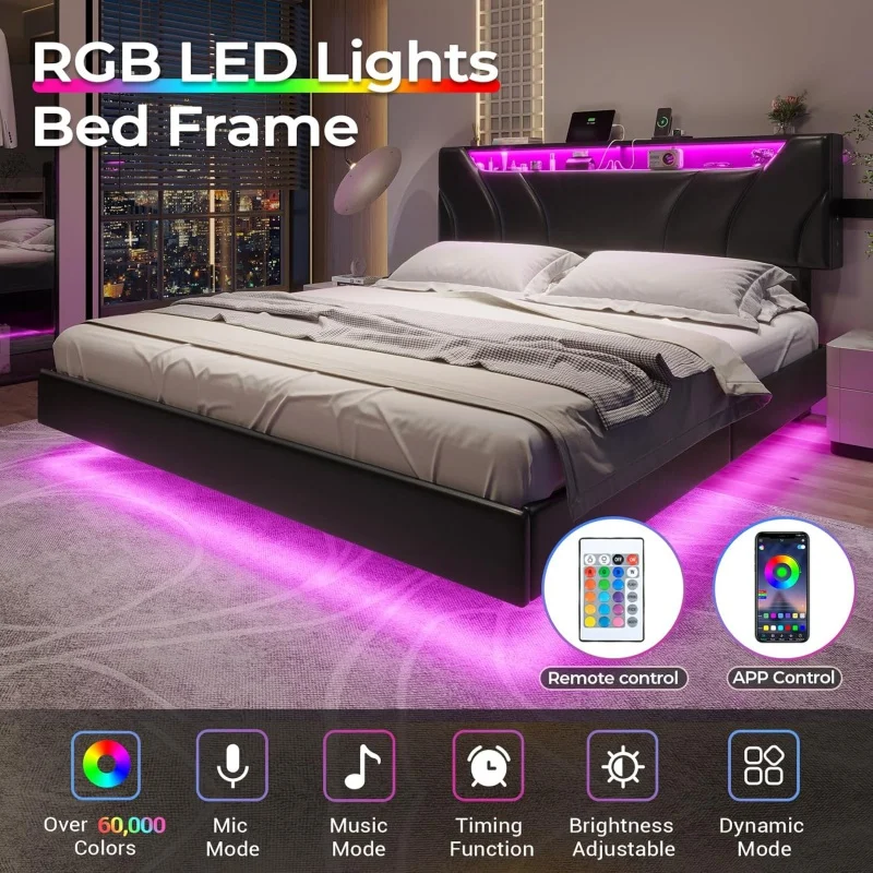 DIAC Storage Headboard and Lights Queen Size Visual Floating LED Bed Frame with Type-C &