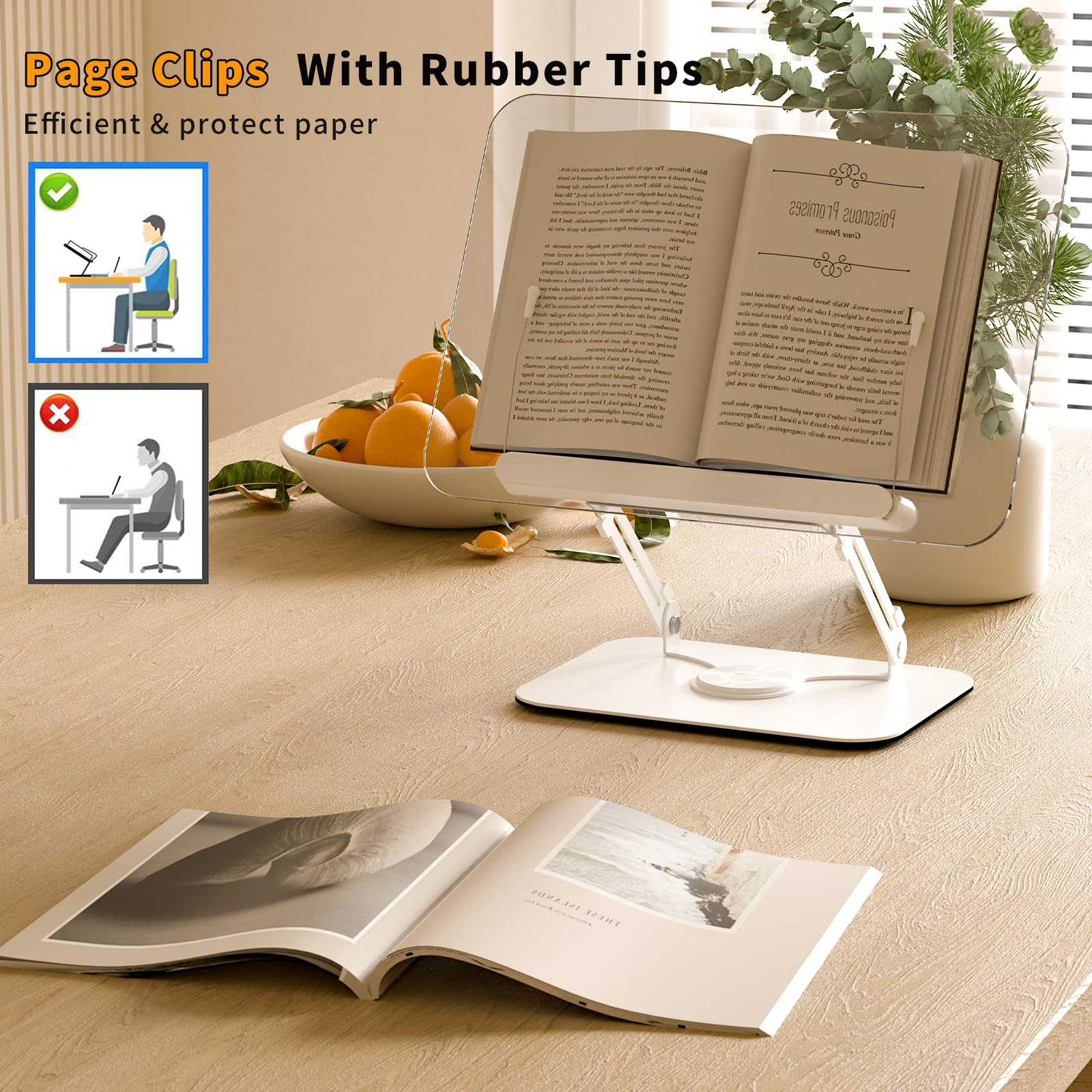 Suporte de livro grosso acrílico para leitura Suporte de livro ajustável, Base rotativa de 360 °, Clipes de página elásticos, Dobrável Desktop Riser St