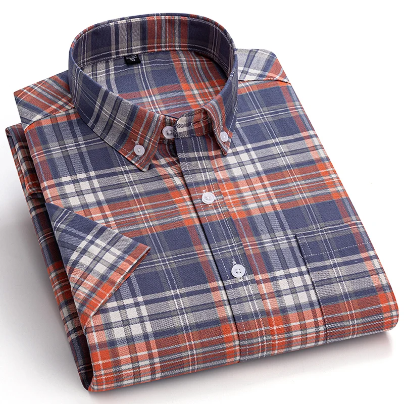 Camicie da uomo in puro cotone Oxford al 100% manica corta scozzese morbida vestibilità regolare camicia formale camicetta sociale abiti maschili 6XL 7XL