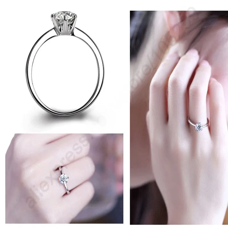 Elegant Classic Real 925 แหวนเงินสเตอร์ลิงเครื่องประดับคริสตัล Cubic Zircons 6 กรงเล็บผู้หญิงงานแต่งงาน Anillos