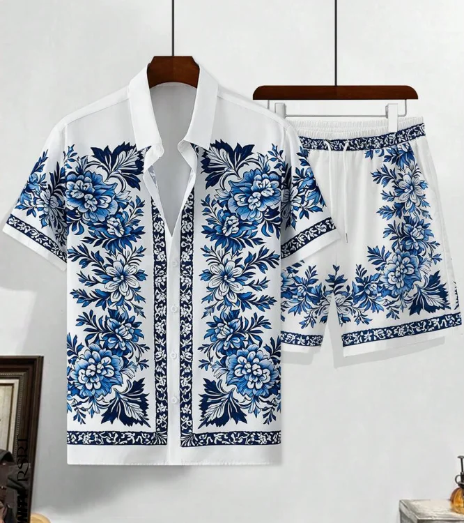 Hawaiihemd-Set für Herren, 3D-gedruckt, blau-weißes Porzellan-Muster, Sommermode, lässig, täglich, übergroßes Hemd + Shorts, 2-teiliges Set
