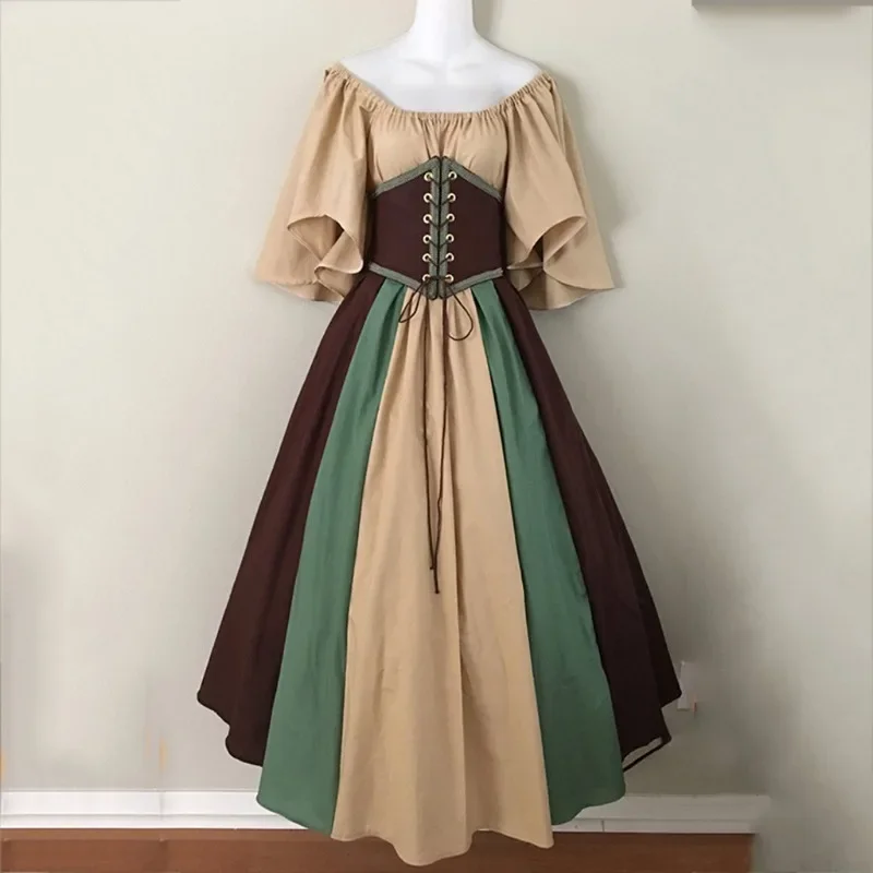 Kostiumy na Halloween dla kobiet średniowieczny Retro kontrastowy kolor wąska sukienka typu swing jedno słowo sukienka na ramię miłość na żywo Cosplay