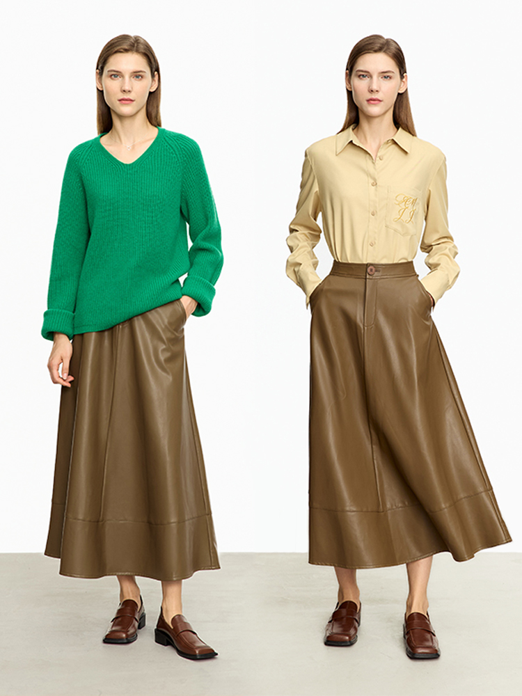 AMII Minimalistische Mode Vrouwen Rok 2023 Herfst Nieuwe Losse Eenvoudige Mid-lengte A-lijn Kantoor Dame PU Leer Effen Rokken 12343134