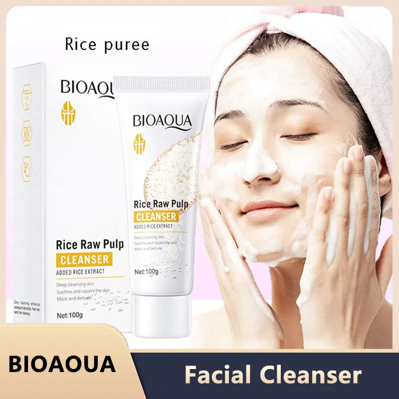 Limpador facial de polpa crua de arroz, espuma de lavagem facial, hidratante, brilho da pele, rejuvenescimento, limpador facial, cuidados com a pele